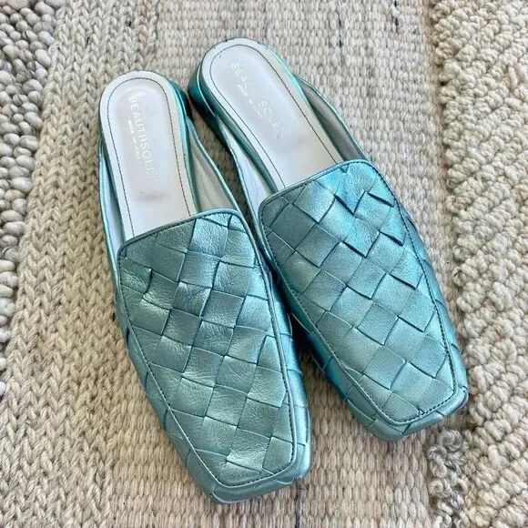 Woven Metallic Blue Mules - Picture 3 of 11